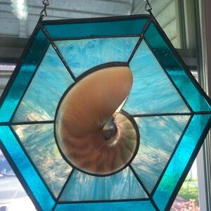 Blue Stained Glass Nautilus Shell Art // Wall Hanging // Coastal Decor